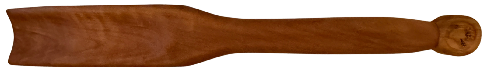 Front of the shoe horn, showing the clean curve of the cherry body and olive hilt