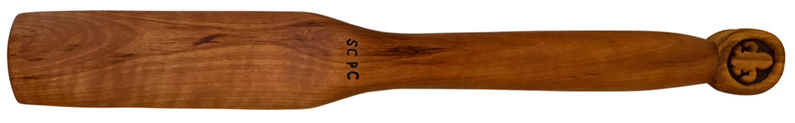 Back of the shoe horn, with the SCPC engraving and the papal coat of arms carved into the olive wood hilt